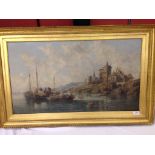OIL ON CANVAS, GERMAN LAKE SCENE WITH BOATS, VILLAGE AND MOUNTAINS, BEARING SIGNATURE H.