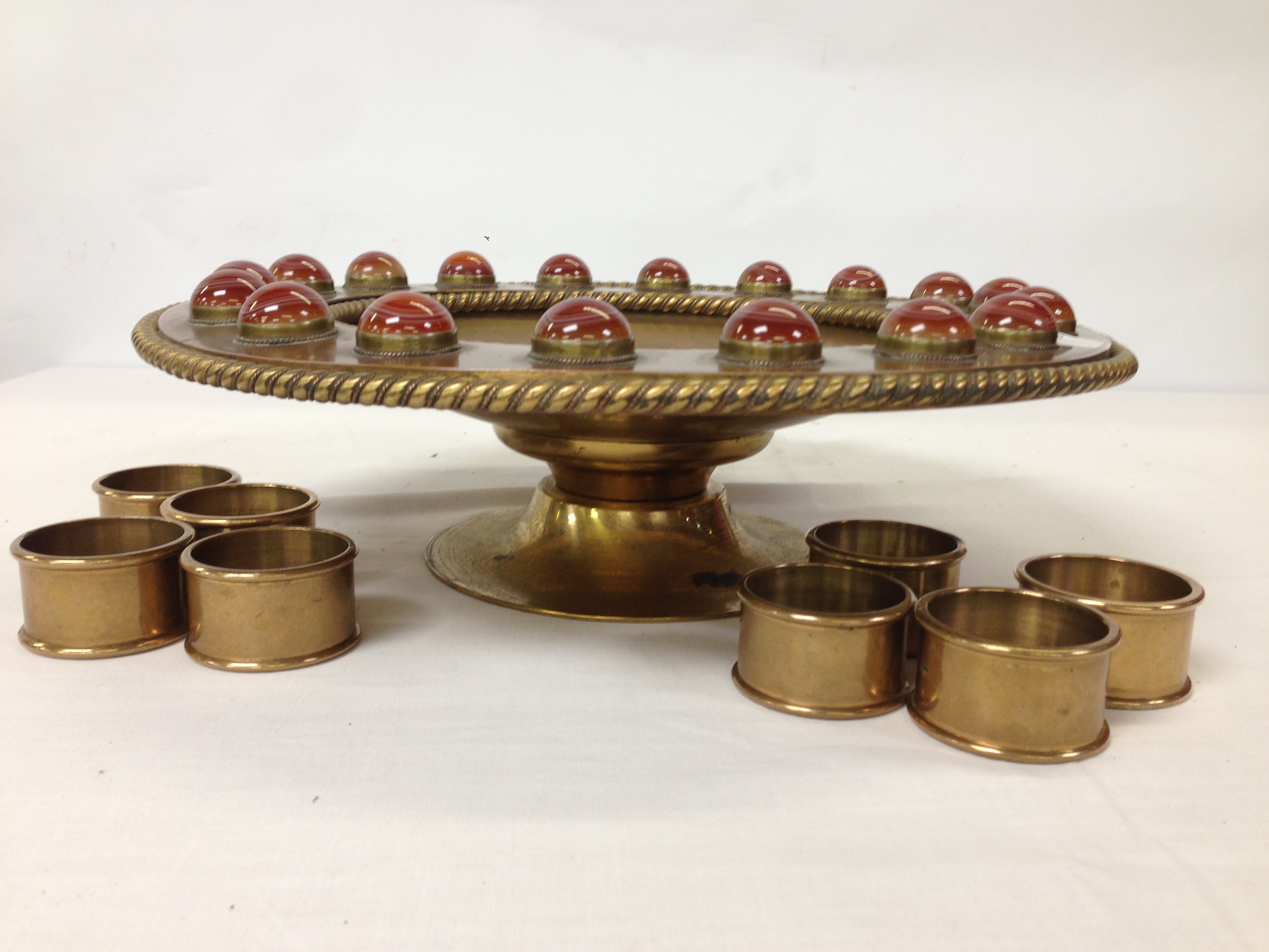 AN ARTS AND CRAFTS COPPER BOWL SET WITH POLISHED ORANGE STONES, - Image 2 of 2