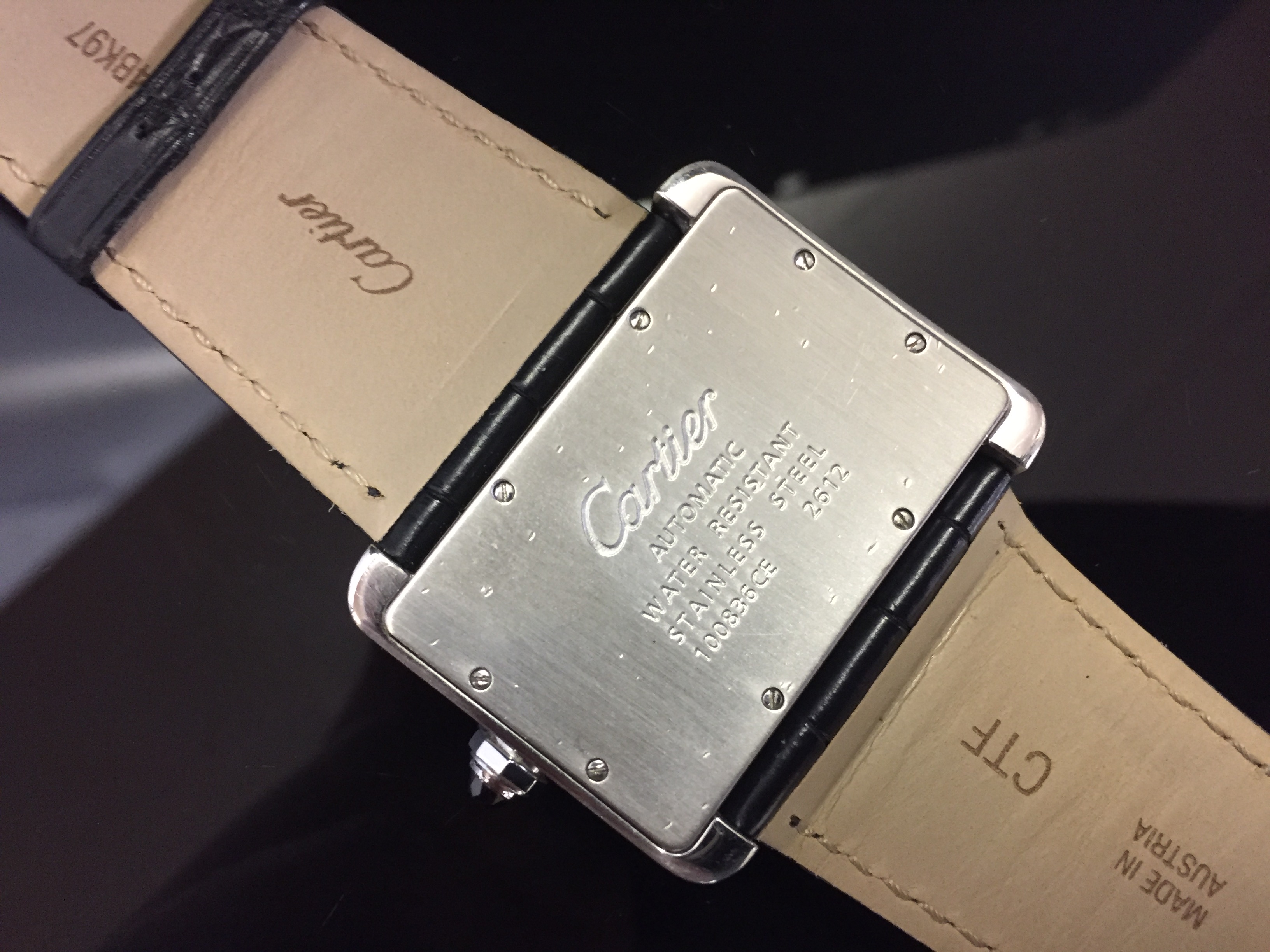 A CARTIER AUTOMATIC GENTLEMAN'S STAINLESS STEEL WRIST WATCH ON BLACK CARTIER LEATHER STRAP, - Image 2 of 2