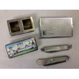 TWO SILVER BLADED MOTHER OF PEARL PENKNIVES, SILVER STAMP HOLDER, CIGARETTE CASE,