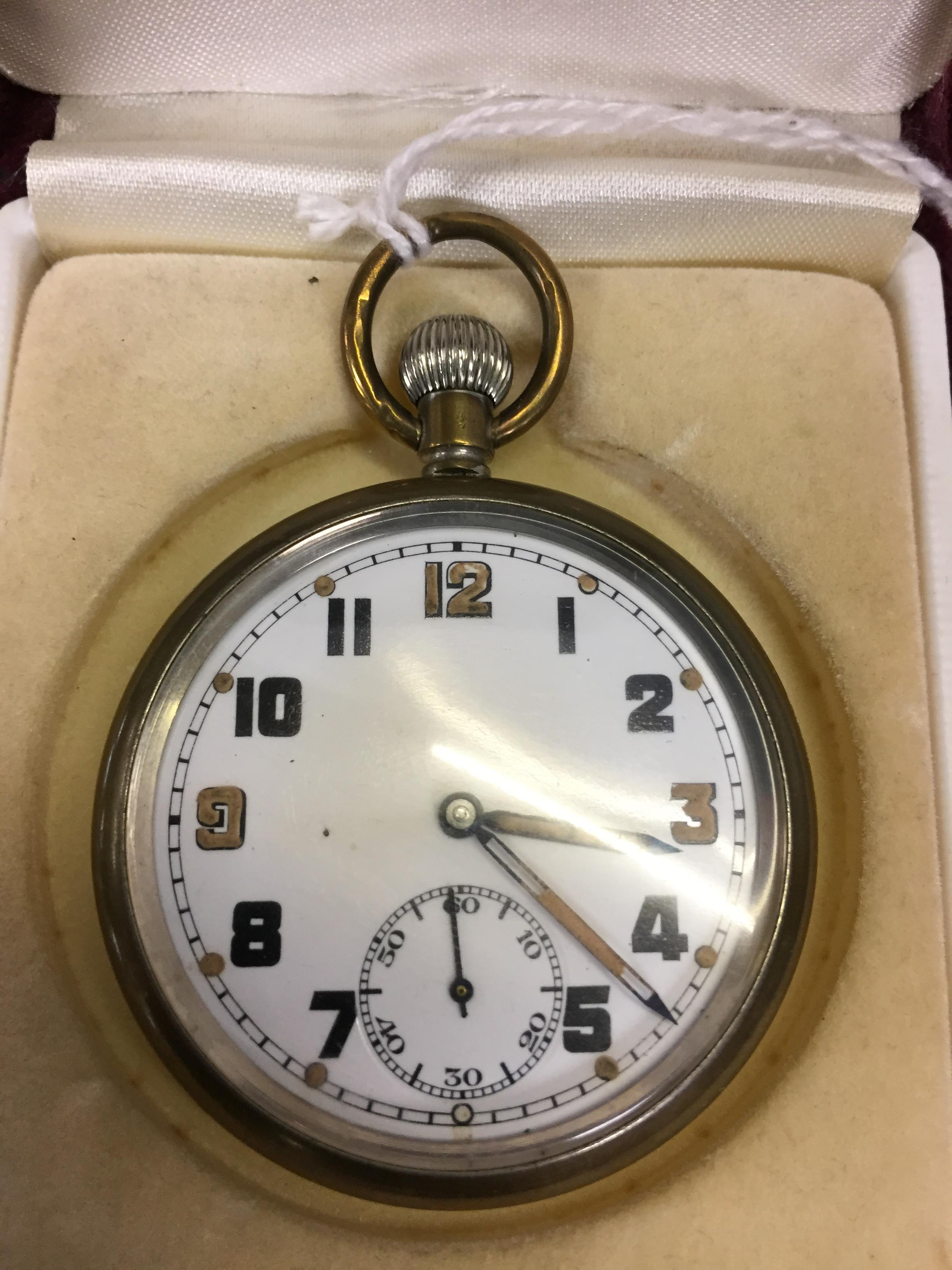 NICKEL CASED ARMY ISSUE POCKET WATCH WITH 15 JEWEL SWISS MOVEMENT, - Image 2 of 3