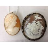 9CT GOLD CAMEO PENDANT/BROOCH AND CAMEO BROOCH WITH WHITE METAL FOLIATE MOUNT