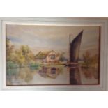 WATERCOLOUR BROADLAND SAILING WHERRY BEARING SIGNATURE W.E.