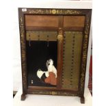 ROSEWOOD FIRE SCREEN WITH BRASS INLAY AND LACQUERED ORIENTAL PANEL