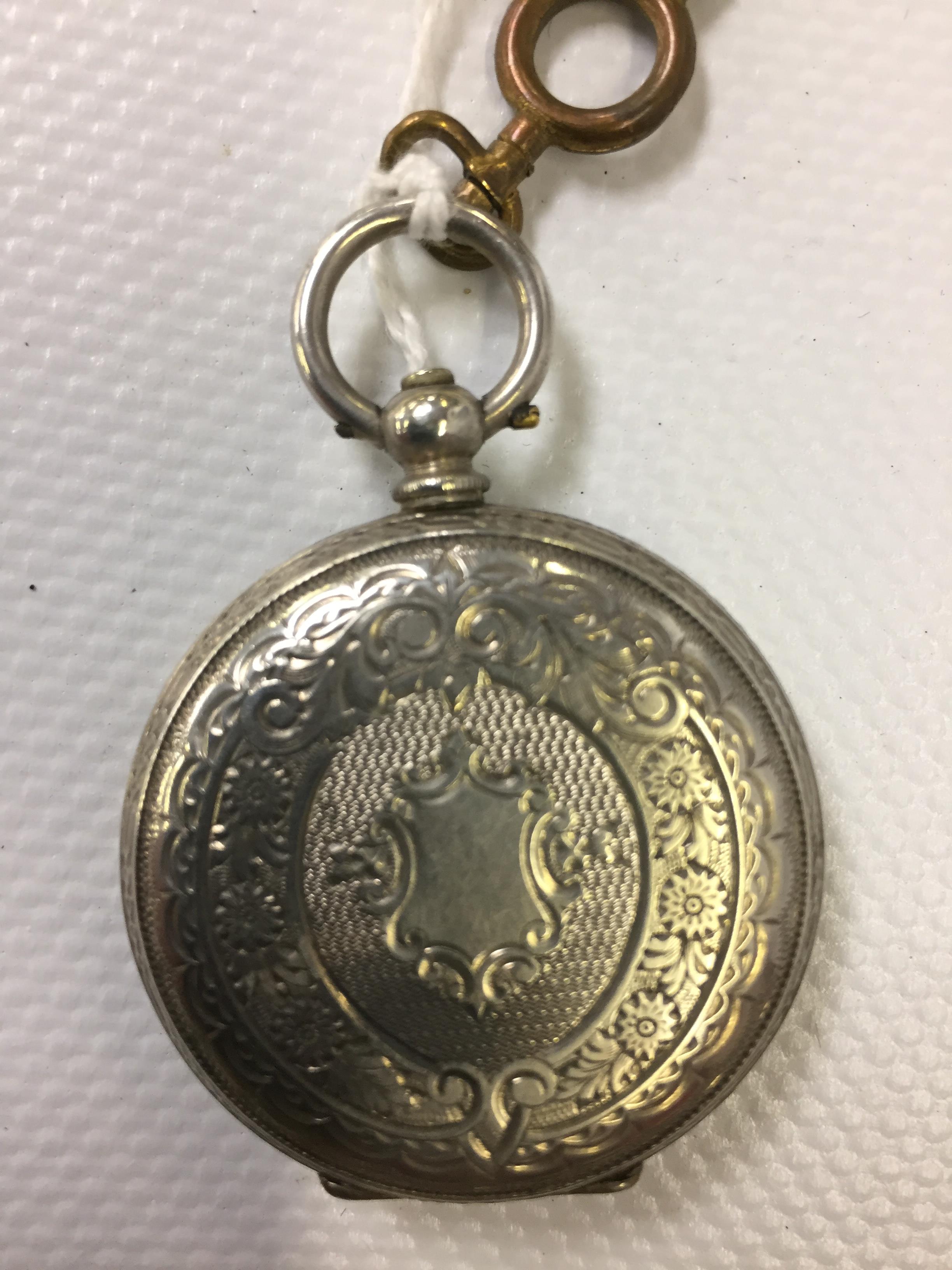 SILVER CASED POCKET/FOB WATCH HALLMARKED LONDON 1882 ORNATE ENGRAVED CASE WITH SILVERED DIAL, - Image 3 of 3