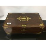 GEORGIAN WRITING BOX IN WELL FIGURED MAHOGANY RICHLY DECORATED WITH INTRICATE BRASS AND MOTHER OF