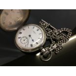 GENTLEMAN'S SILVER WALTHAM FULL HUNTER POCKET WATCH ON SOLID SILVER ALBERT CHAIN