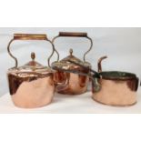 TWO ANTIQUE LARGE COPPER KETTLES AND TWO 19TH CENTURY COPPER SAUCEPANS,