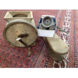 BUTTER CHURN AND ASSORTED VINTAGE KITCHEN WARE AND IRONING BOARD