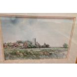 WATERCOLOUR "BROADLAND SCENE, GREEN MEADOW TOWARDS CHURCH AND COTTAGES" BEARING SIGNATURE,