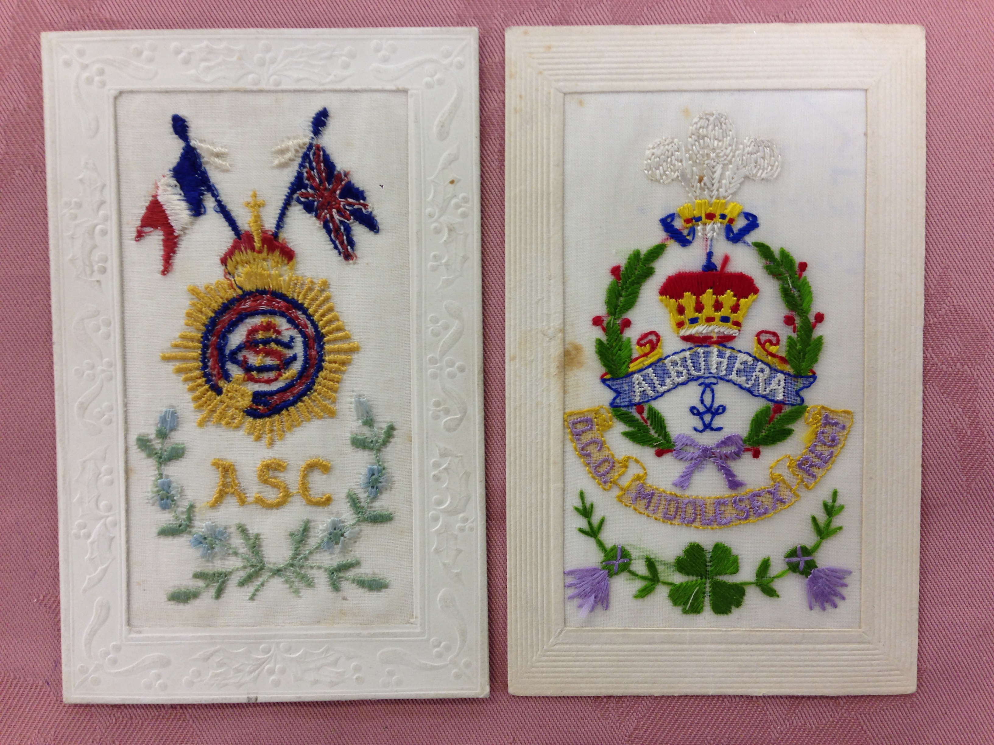 SMALL COLLECTION EMBROIDERED SILKS, MIDDLESEX REGT.