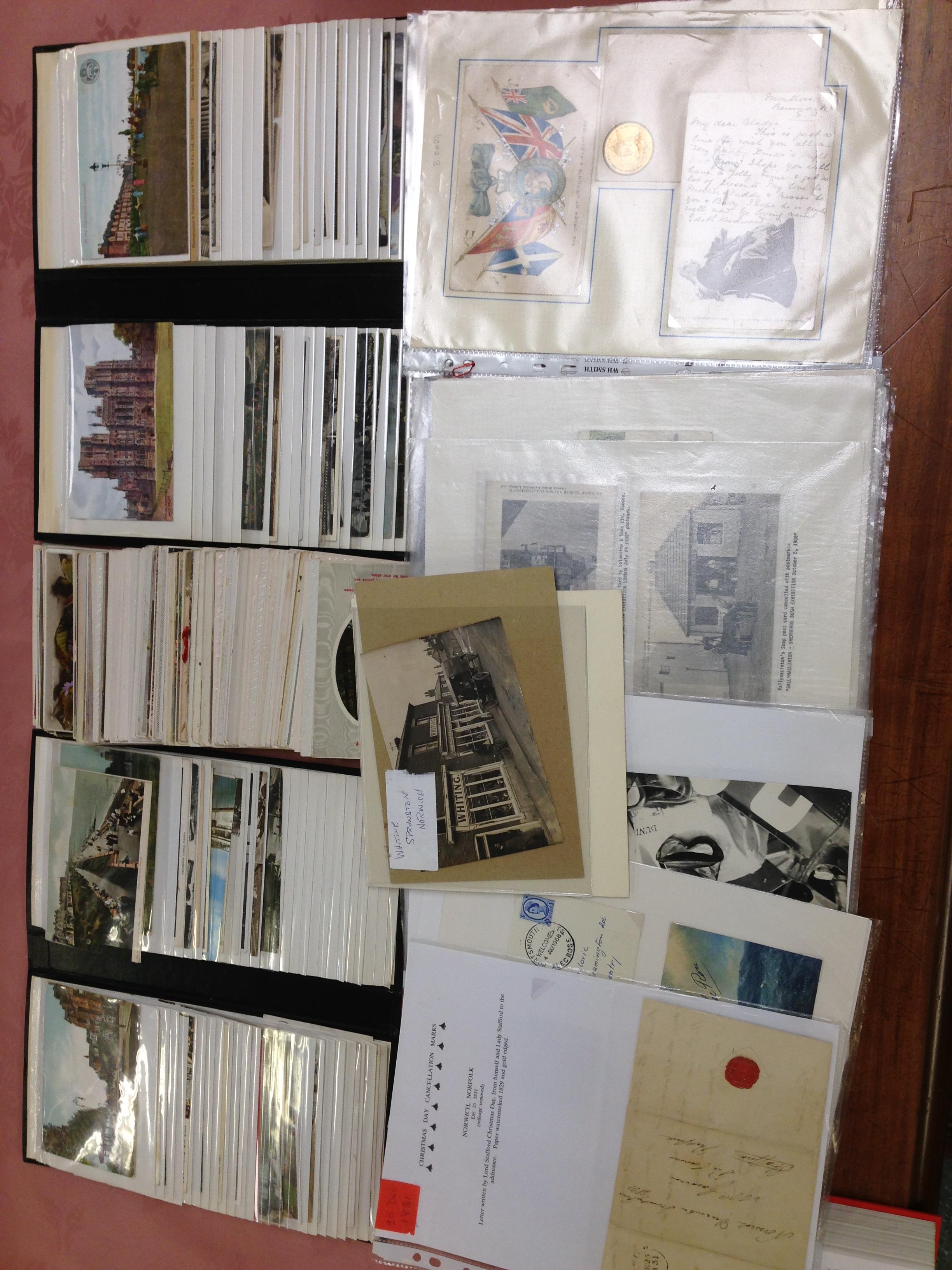 MIXED POSTCARDS IN TWO ALBUMS AND LOOSE, ESSEX, ARQ, EXHIBITIONS, GREETINGS, FLOWERS, SOME EPHEMERA,