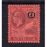 ANTIGUA: 1921-9 £1 UNUSED OPT SPECIMEN DIAGONALLY WHICH HAS EITHER BEEN CLEANED OR HAS FADED OUT SG