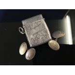 A PAIR OF 9CT. GOLD CUFFLINKS AND SILVER VESTA CASE