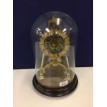 VICTORIAN BRASS SKELETON CLOCK WITH FUSEE MOVEMENT UNDER DOME (DOME DAMAGED)