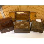 FOUR ASSORTED WOODEN BOXES AND DESK TOP STATIONERY BOX