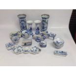 A COLLECTION OF BLUE AND WHITE CHINA MOSTLY DELFT TO INCLUDE VASES, POTS, ASH TRAY, ETC.