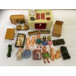 BOX OF MINIATURE PLASTIC "HONG-KONG" DOLLS AND FURNITURE