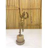 A CAST METAL FIGURE OF A FEMALE DANCER MOUNTED ON A MARBLE BASE 22CM.