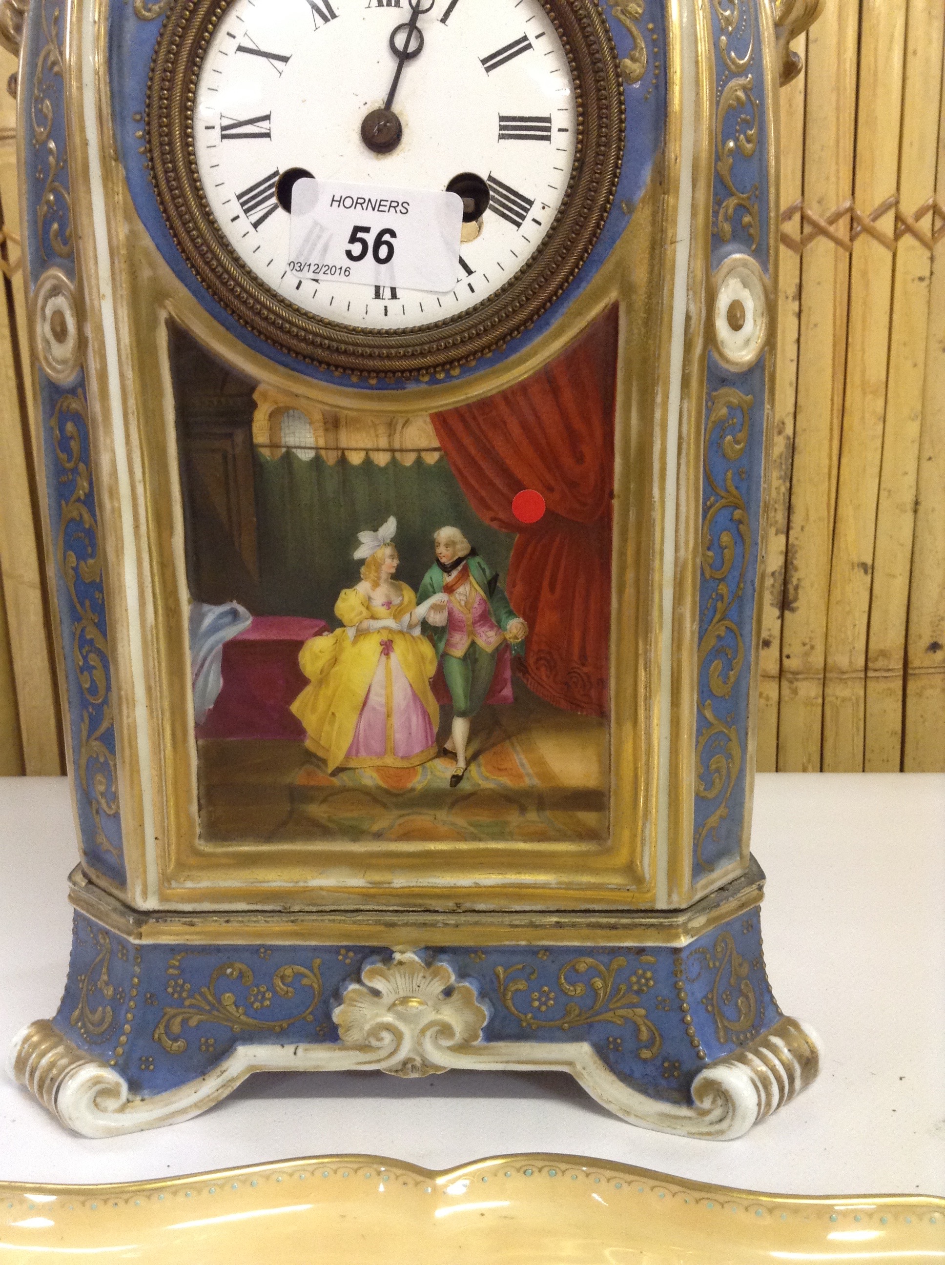 CONTINENTAL CHINA MANTLE CLOCK PAINTED WITH CLASSICAL SCENES ALONG WITH A DRESDEN PORCELAIN TRAY - Image 4 of 5