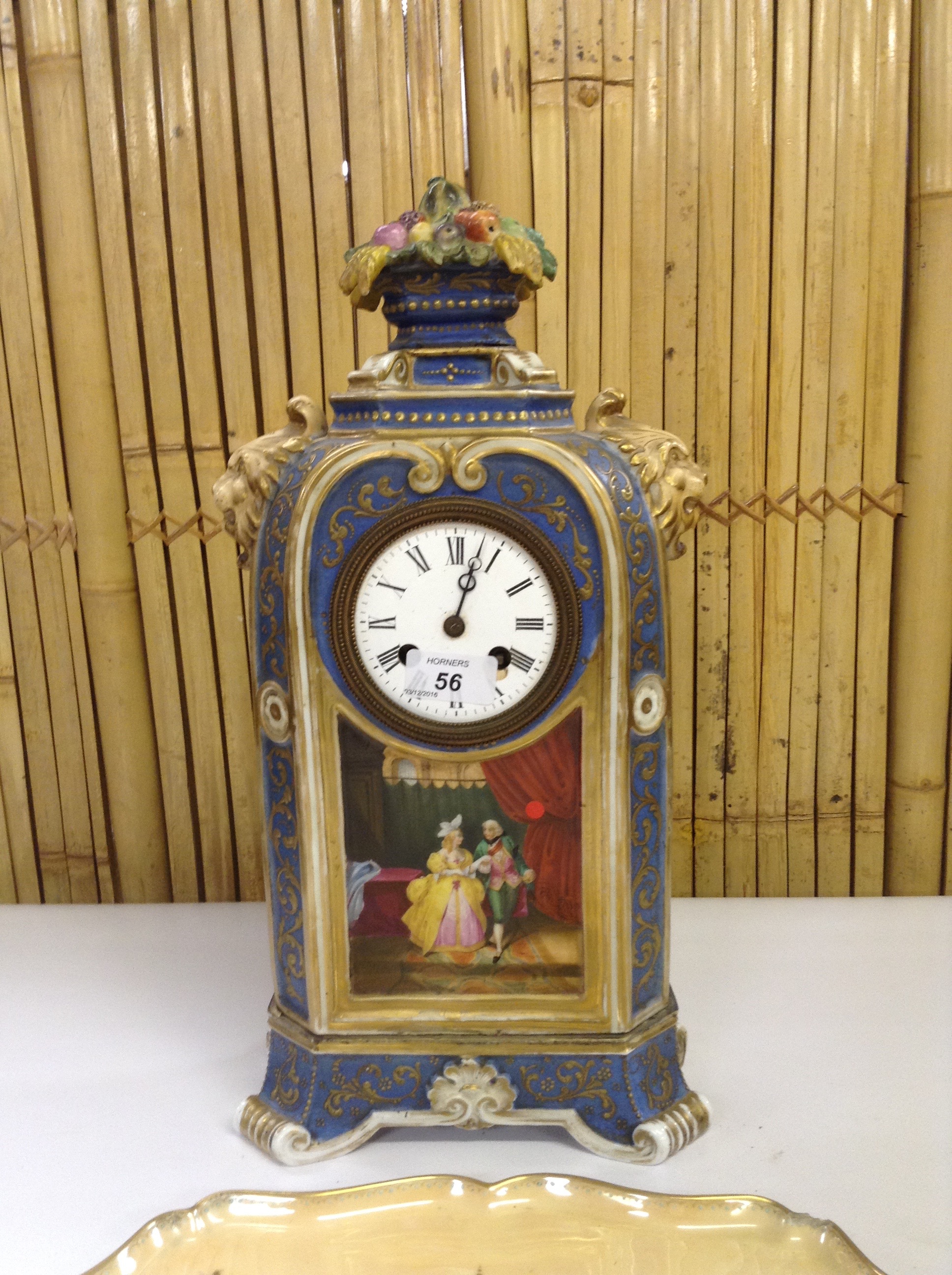 CONTINENTAL CHINA MANTLE CLOCK PAINTED WITH CLASSICAL SCENES ALONG WITH A DRESDEN PORCELAIN TRAY - Image 2 of 5