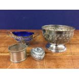 5 SILVER ITEMS TO INCLUDE 2 SILVER HEART BOXES, SILVER SUGAR BOWL,