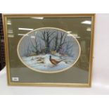 PHEASANTS IN A WINTER LANDSCAPE, OVAL BEARING SIGNATURE S.F.CLARKE MAXIMUM WIDTH 34CM.