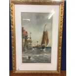19TH CENT. WATERCOLOUR 'FISHING BOAT ENTERING HARBOUR' ( ROBERT THORNTON WILDING)