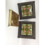 PAIR OF MINTON TYPE 'TILE' POT STANDS, IN HEAVY METAL MOUNTS, 23CM. SQUARE APPROX.