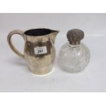 STERLING SILVER MILK JUG WITH PRESENTATION INSCRIPTION 14CM.