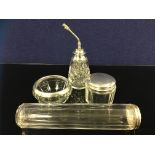 FOUR GLASS/SILVER DRESSING TABLE ITEMS