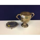 SMALL SILVER FOOTED TRAY AND A LARGE SILVER TROPHY CUP WITH BARCLAYS BANK PRESENTATION INSCRIPTION