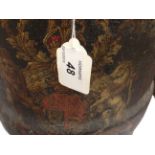 A PAINTED CANVAS COVERED SHELL CARRIER BEARING ROYAL CREST COMPLETE WITH LID AND LEATHER HANDLE