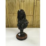 BRONZE BUST OF WOMAN MOUNTED ON WOODEN PLINTH (37CM.