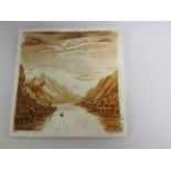 HAND DECORATED MINTONS TILE, DEPICTING BOAT ON LAKE IN MOUNTAINS,