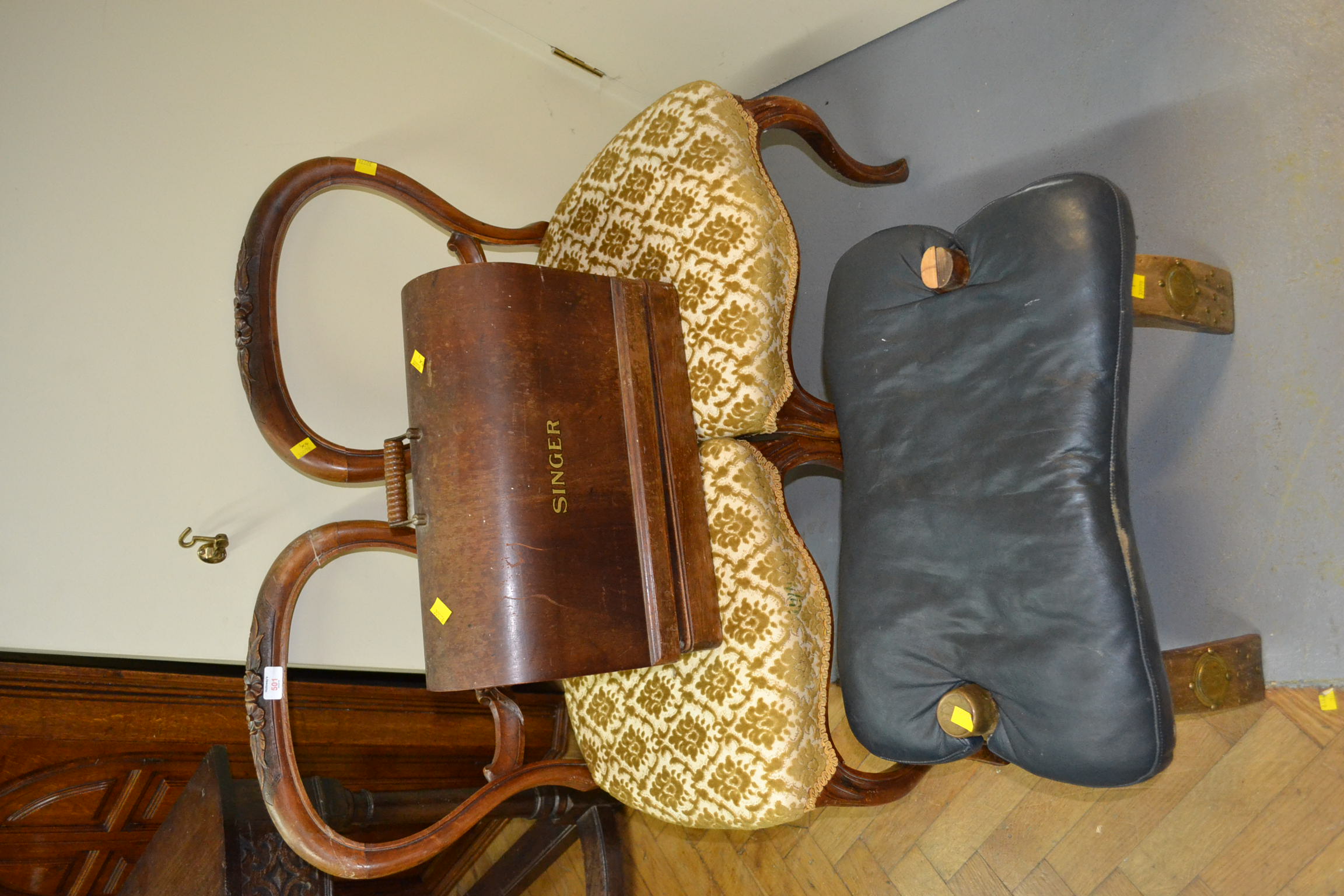 A pair of Victorian beech balloon back bedroom chairs, a folding camel seat with leather pad, and