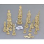 A Chinese late 19th century, carved ivory part chess set, each chessman in traditional oriental