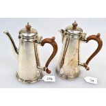 A matched pair of Queen Anne style conical silver coffee pot and hot water jug, with pear wood