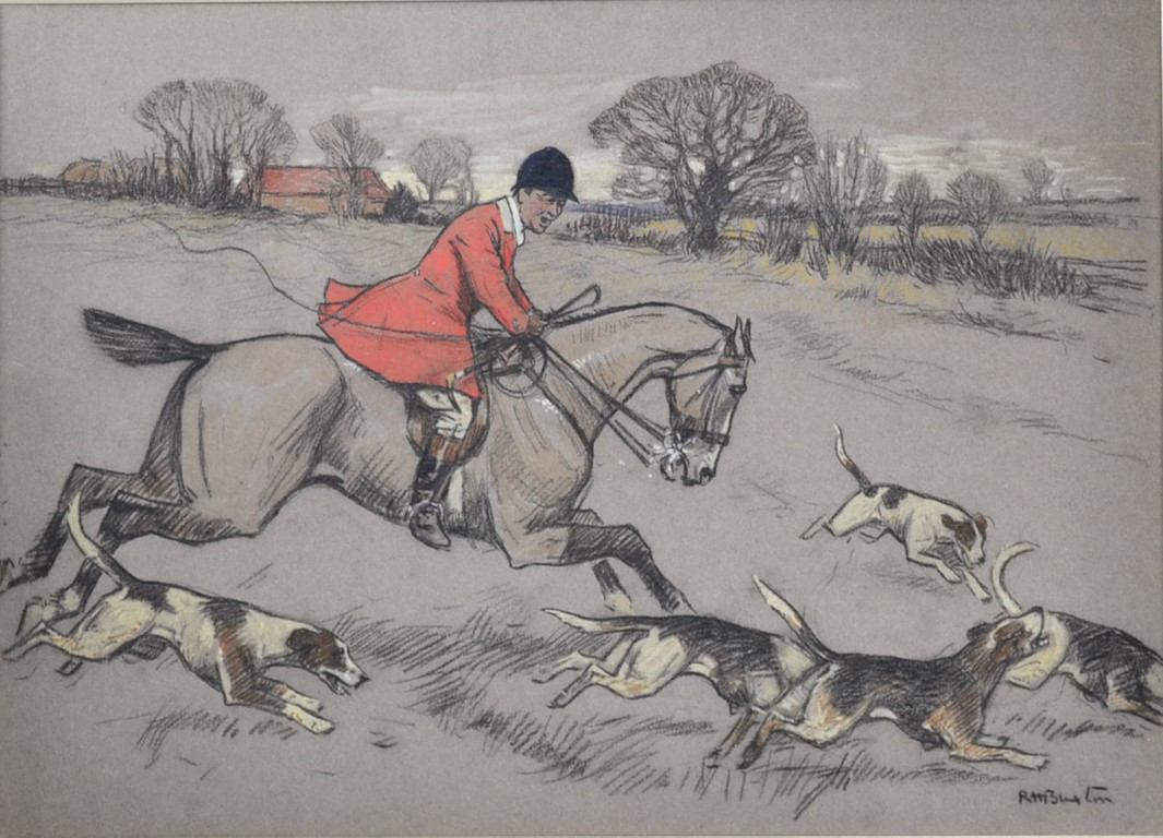 Robert Hugh Buxton (b.1871) 'Full Cry', a huntsman and hounds in a landscape chalks on paper, signed