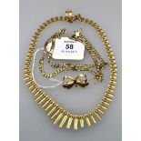 A 9ct gold fringe necklace, together with a flattened curb pattern necklace, and a 9ct gold bow