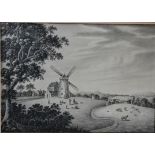 English School, 19th century Idyllic rural landscape with mill, animals and figures monochrome