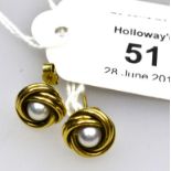 A pair of 9ct gold and cultured pearl knot earrings, the central pearl within a knotted gold border