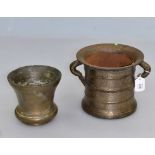 A probably 18th century bronze twin handled mortar, and another smaller, 20 and 15cm