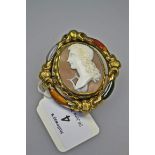 A 19th century shell cameo brooch, carved with a profile bust of a young classical maiden and a