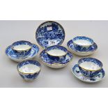Three late 18th/early 19th century New Hall tea bowls and saucers, printed in the 'Trench Mortar'