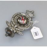 A chrome plated RAC radiator badge, with enamel union flag to centre, No MCB.19640, 15cm