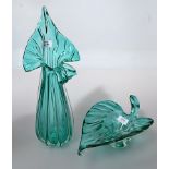 A circa 1950s/1970s sea green and clear art glass vase, of organic form, 43cm, together with a