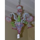 A late Victorian vaseline green glass and cranberry tinted five light electrolier, with leaf and