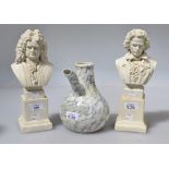 A pair of Robinson and Leadbeater parian busts, Beethoven and Handel, each on square plinth, 29cm,