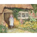 Claude Strachan A young woman wearing a straw bonnet at the door of a thatched cottage, flower
